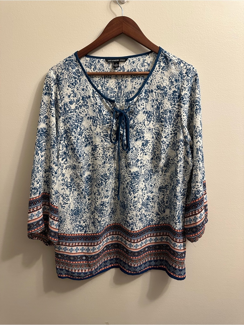 #404 Zac & Rachel Blue and White Printed Tie-Front Blouse